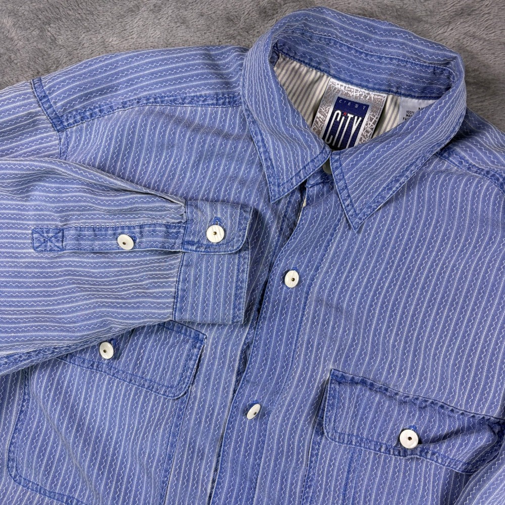 Vintage C'est City Button Up Shirt Men's M Blue Silk Wavy Pinstripe Long Sleeve